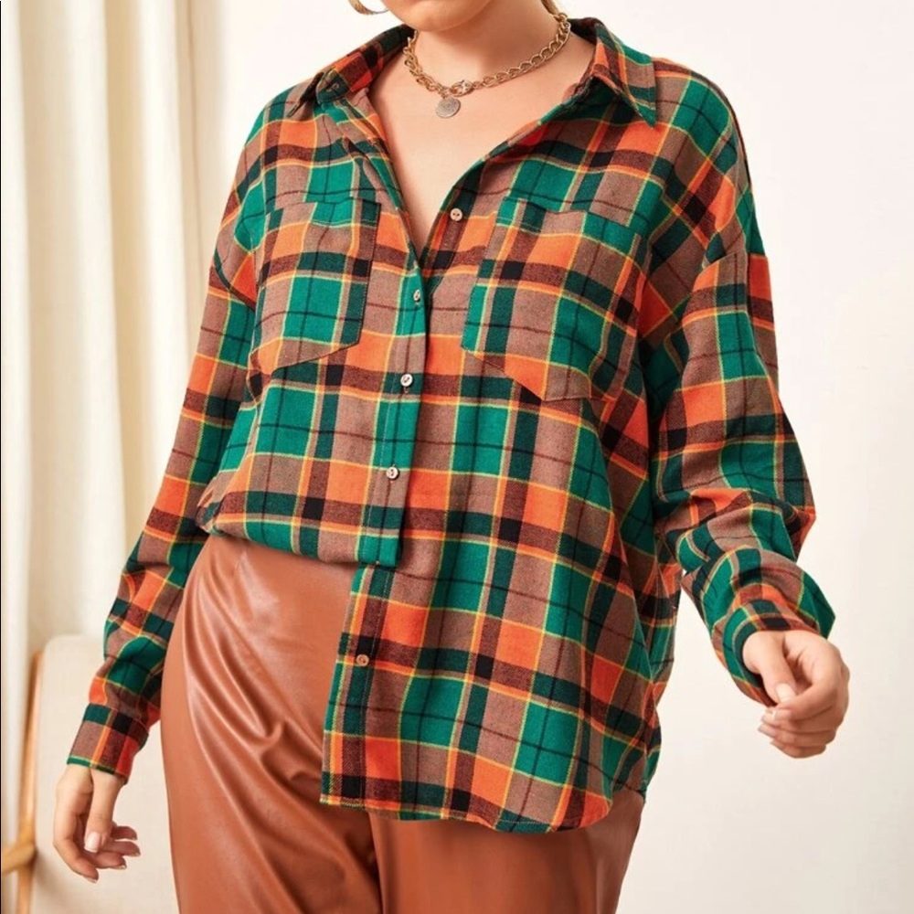 Women’s Plaid Green & Orange Drop Shoulder Blouse